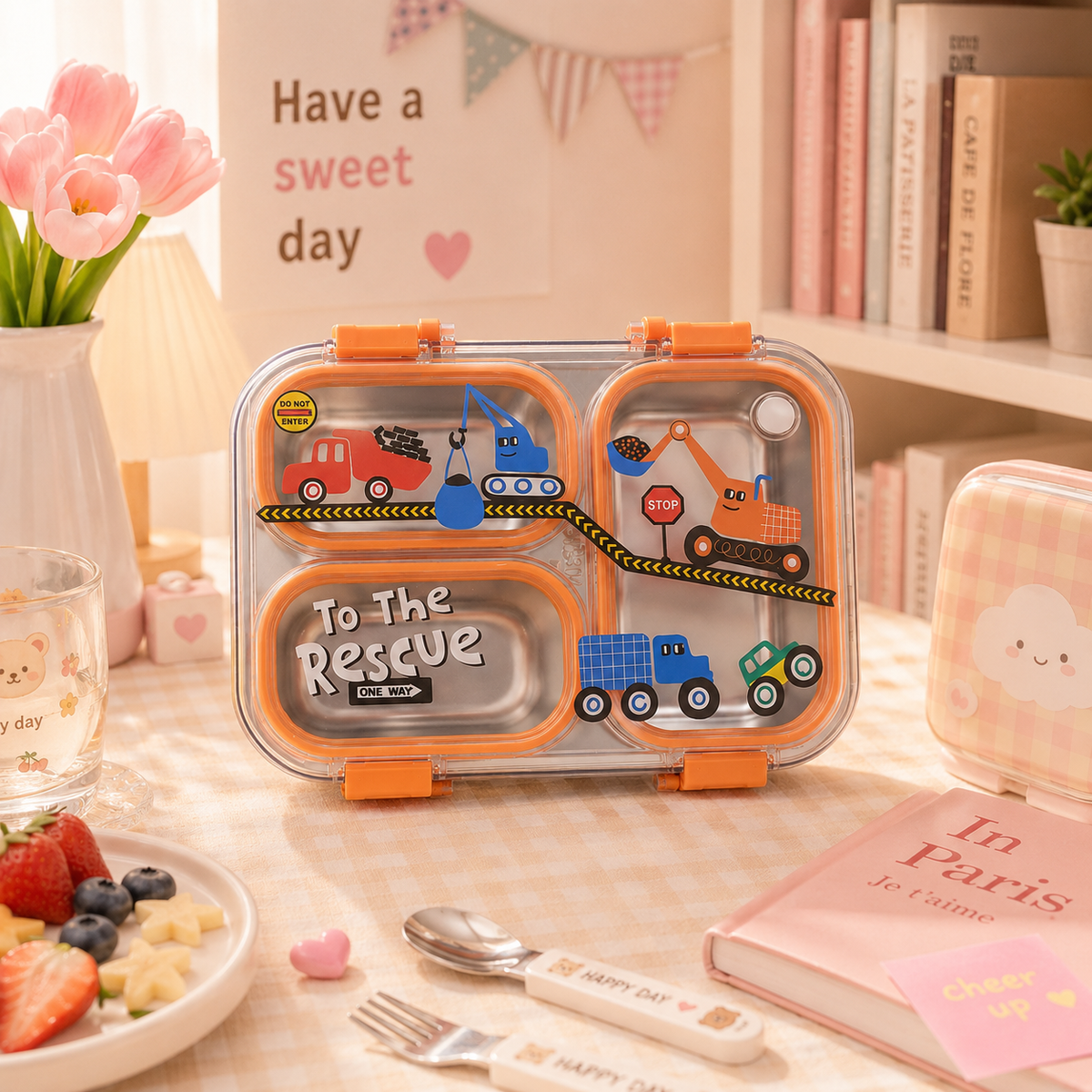 Construction Trucks Steel Bento Lunch Box - desk scene with fruit