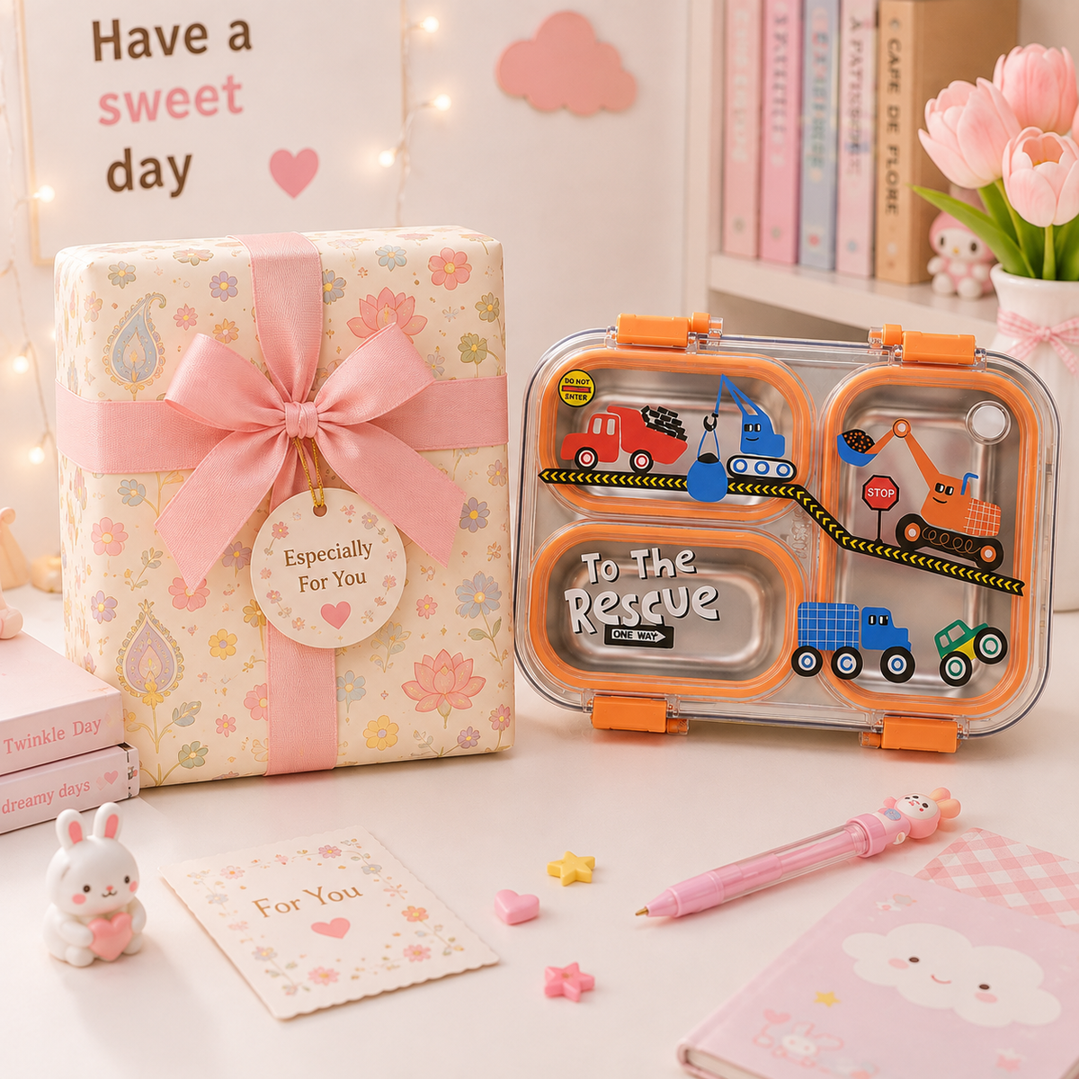 Construction Trucks Steel Bento Lunch Box - with gift box packaging