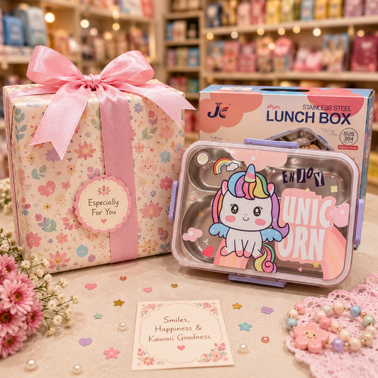 Kawaii Unicorn Steel Bento Lunch Box - with gift box packaging