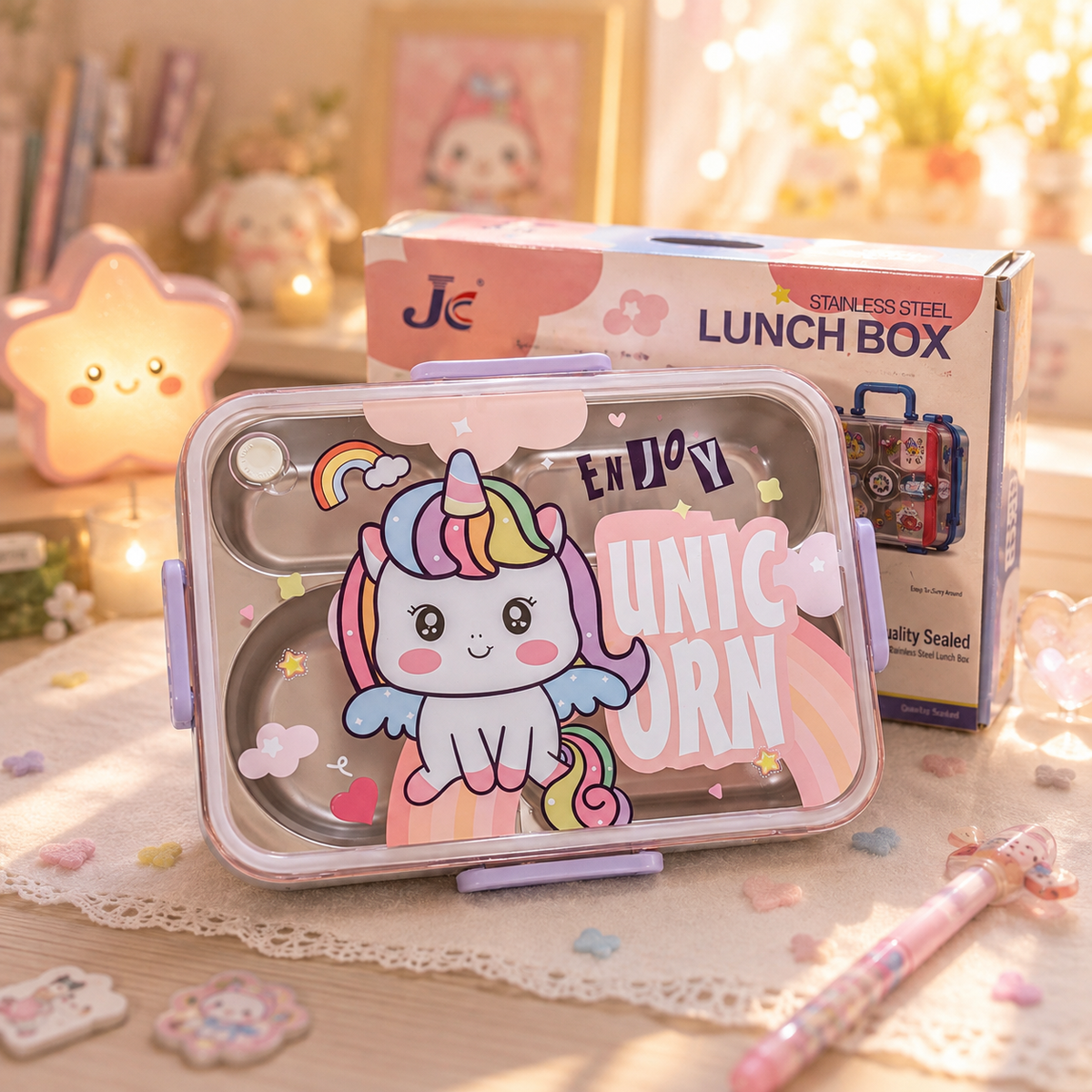 Kawaii Unicorn Steel Bento Lunch Box - desk scene with candle