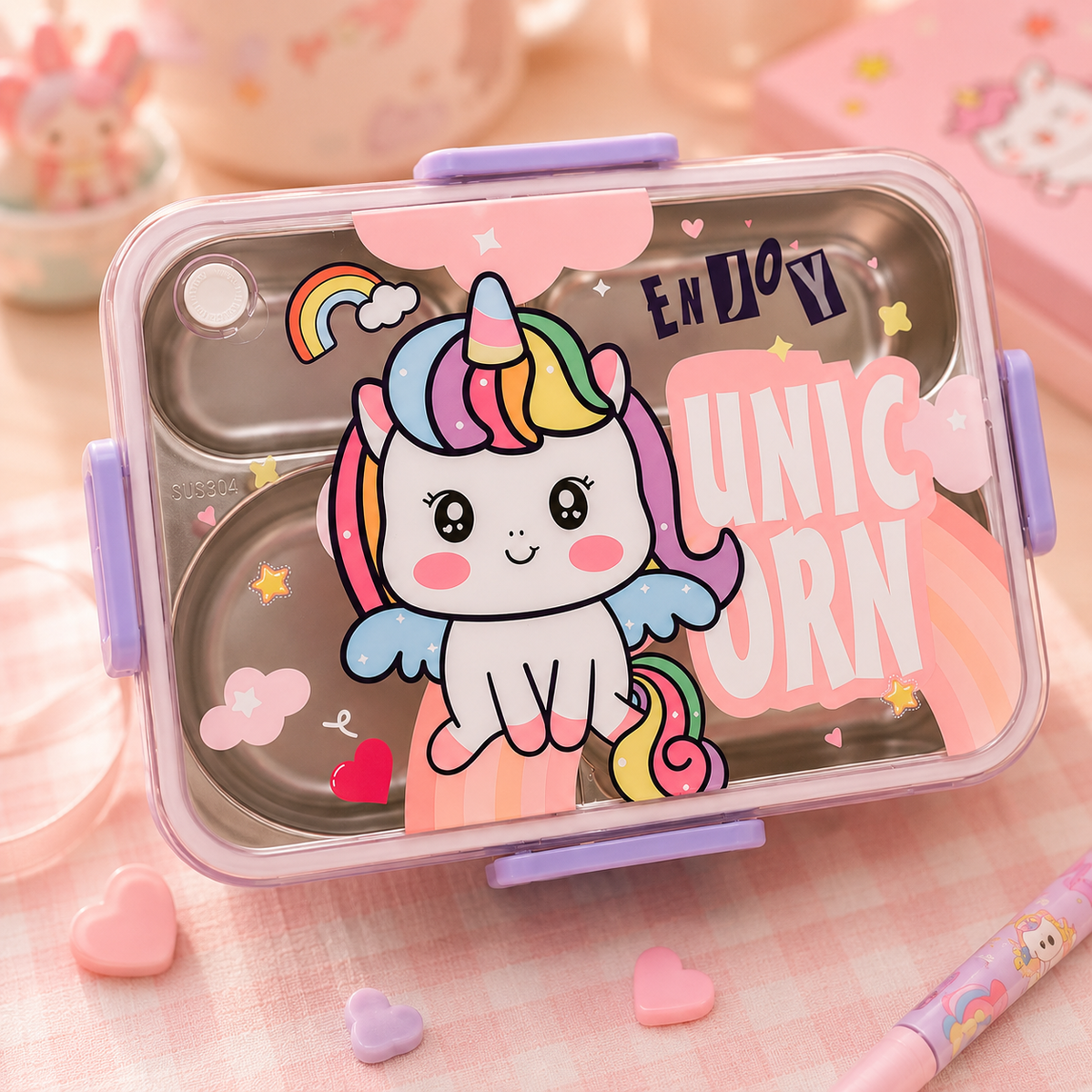 Kawaii Unicorn Steel Bento Lunch Box - close-up angle