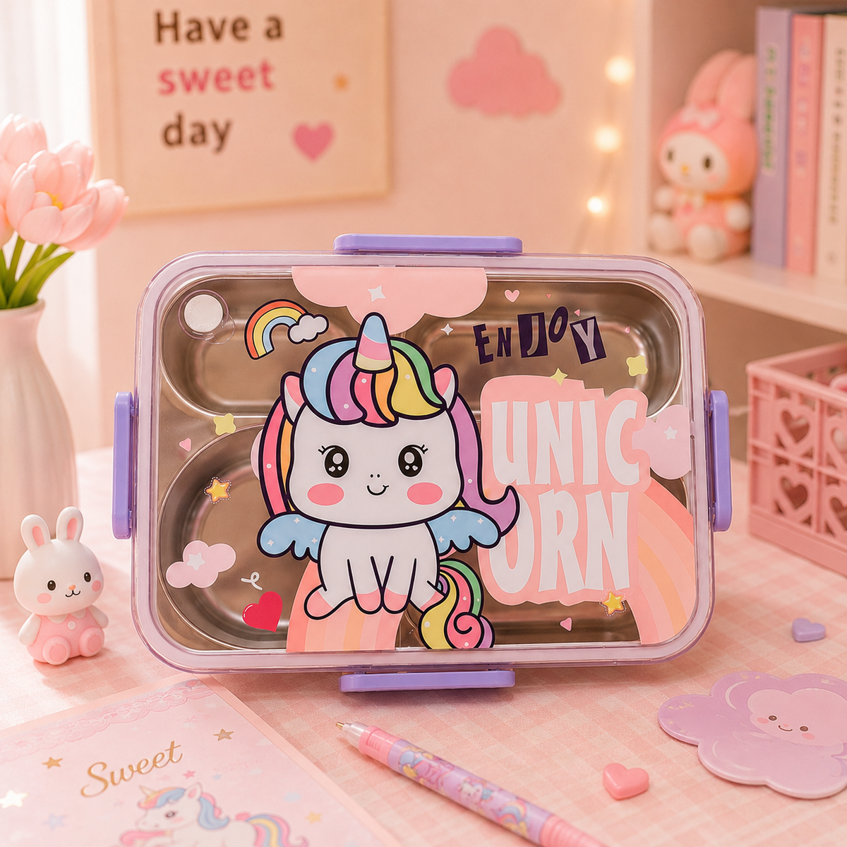 Kawaii Unicorn Steel Bento Lunch Box - front view