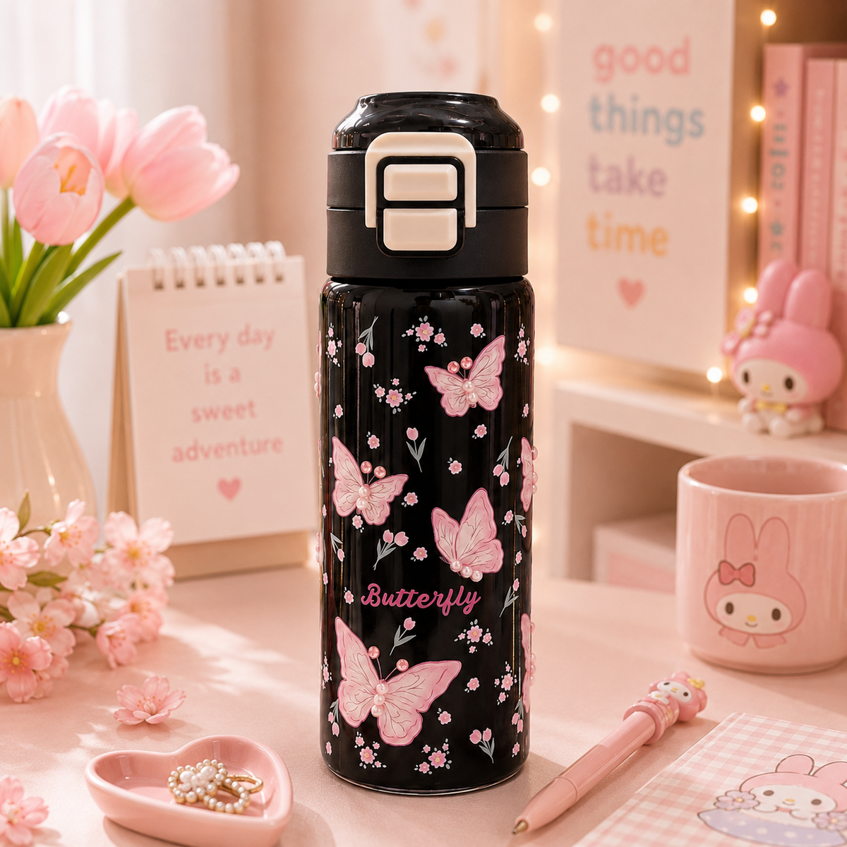 Kawaii Butterfly Water Bottle desk display