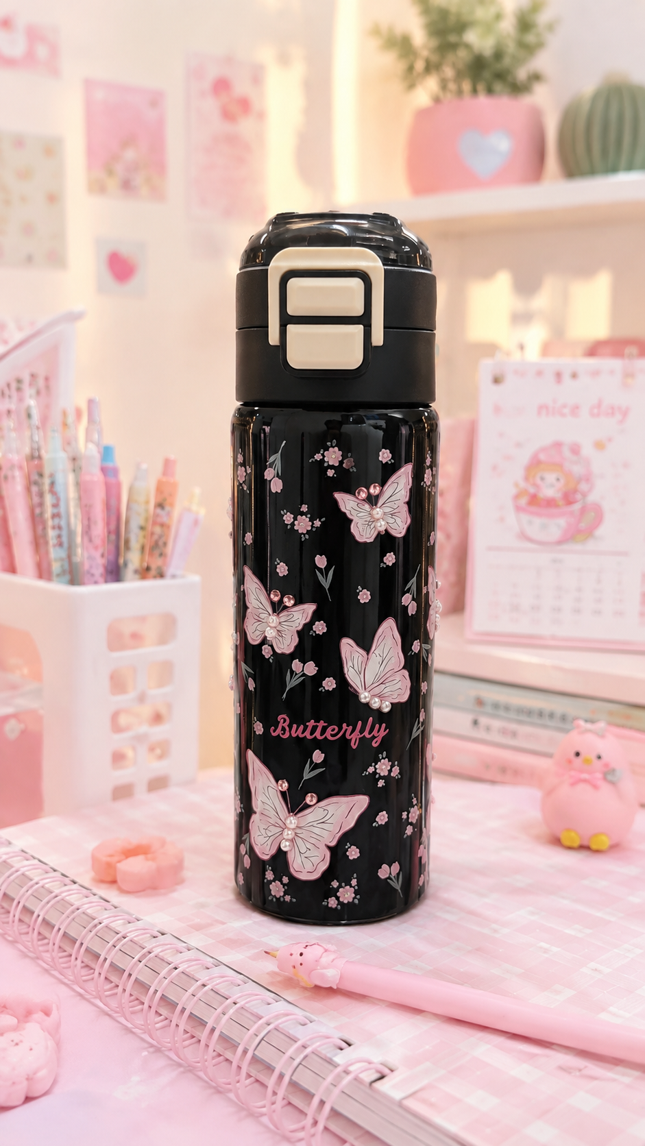 Kawaii Butterfly Water Bottle styled shot