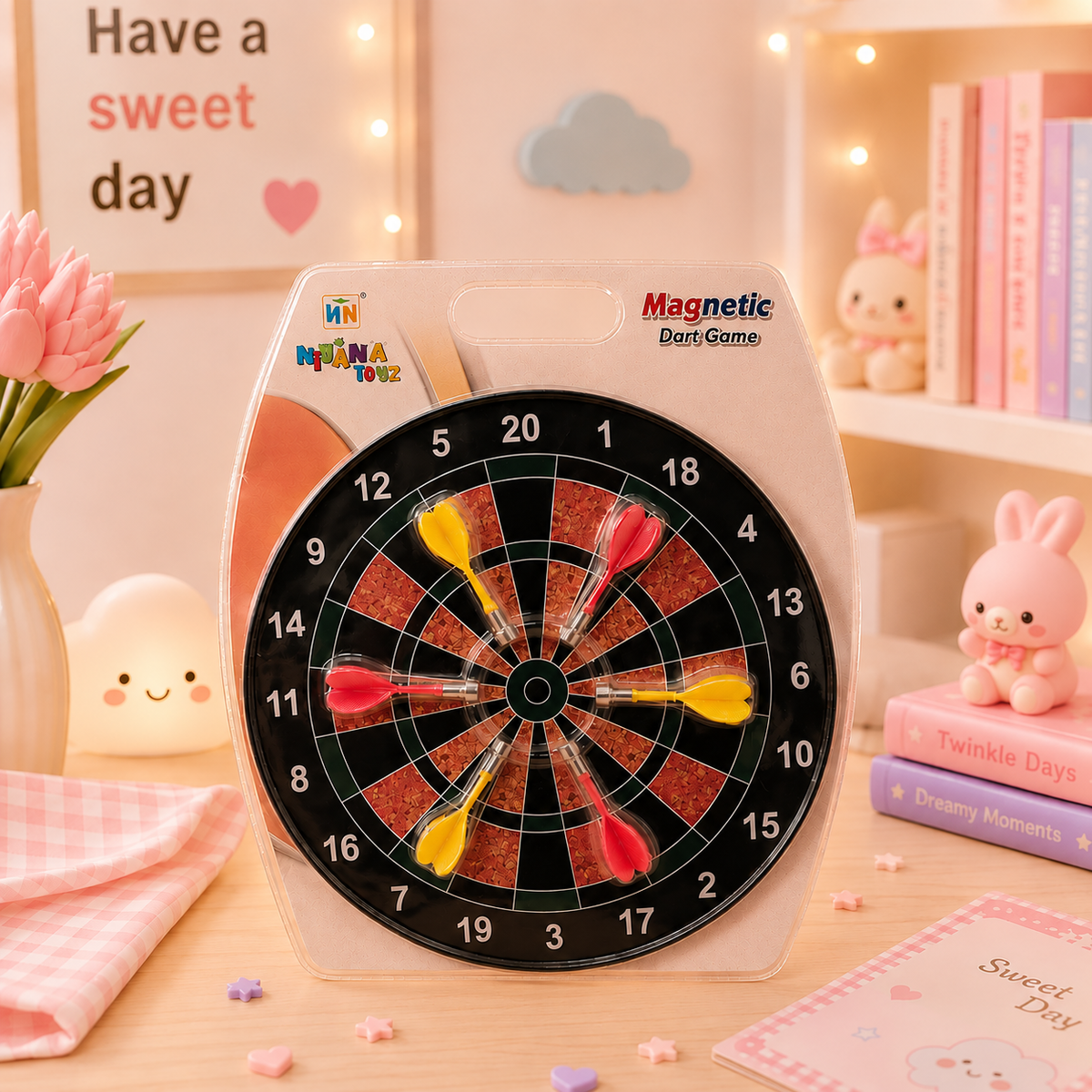 Magnetic Dart Board Game with 6 darts, desk scene