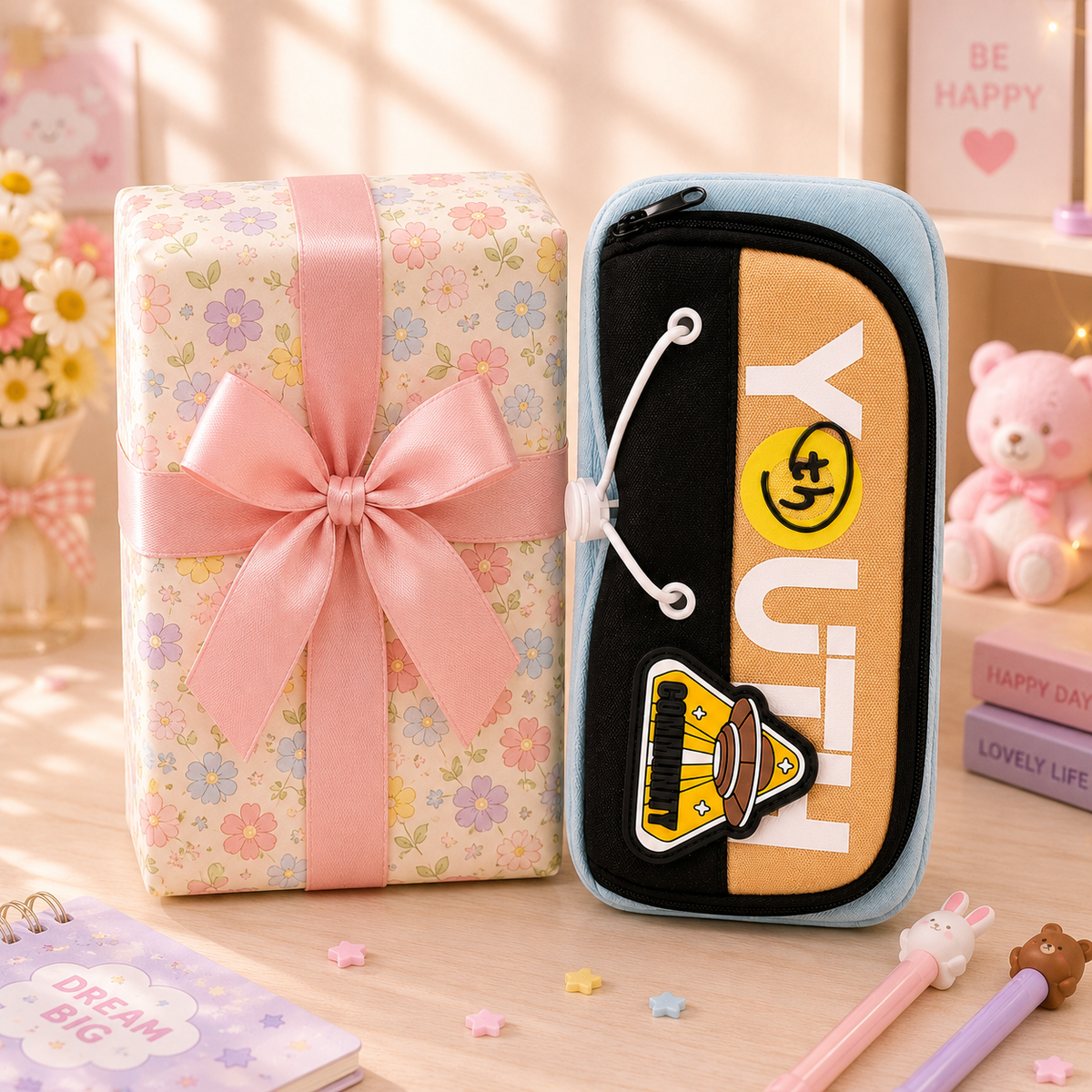 Youth Smiley Patch Pencil Pouch - with gift box packaging