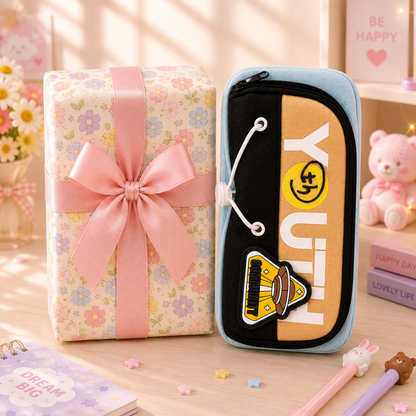 Youth Smiley Patch Pencil Pouch - with gift box packaging