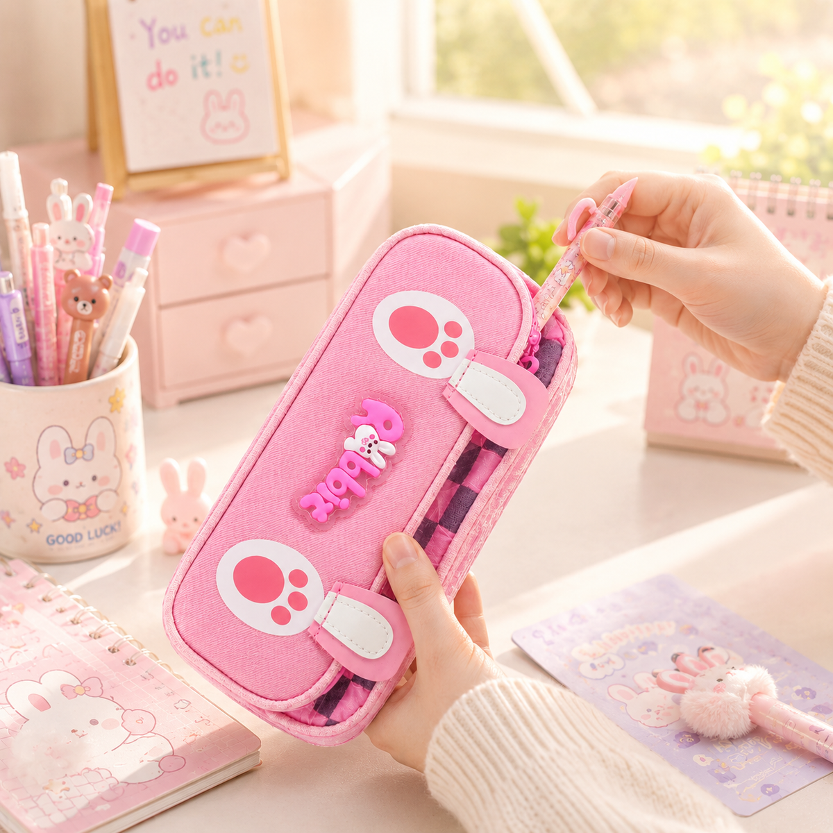 Kawaii Rabbit Paw Pencil Pouch - held in hand