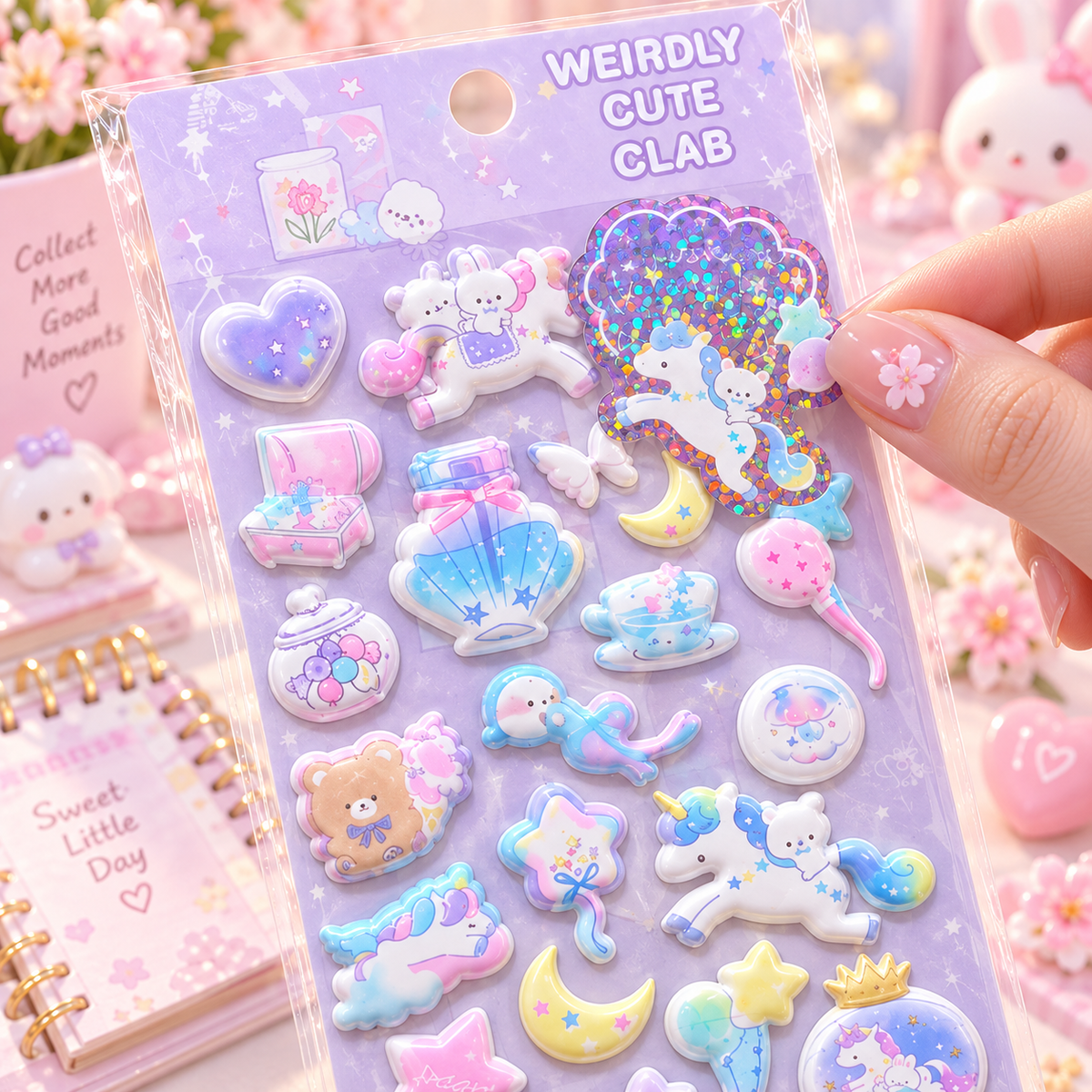 Kawaii Unicorn 3D Puffy Sticker Sheet close-up