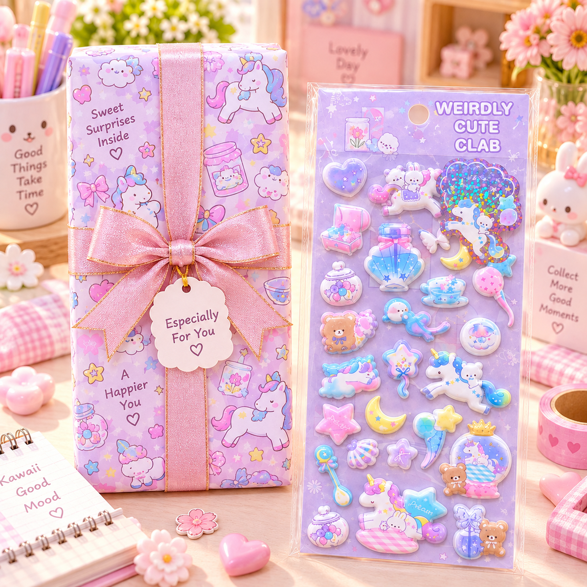 Kawaii Unicorn 3D Puffy Sticker Sheet gift box packaging scene