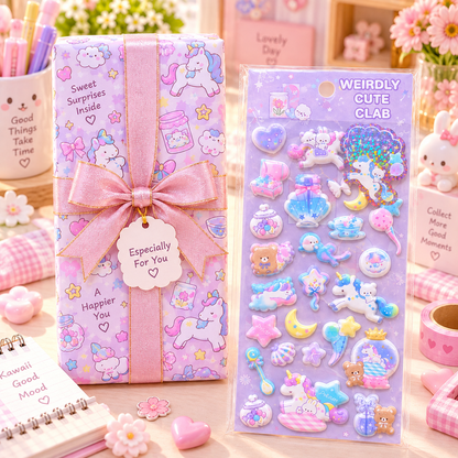 Kawaii Unicorn 3D Puffy Sticker Sheet gift box packaging scene