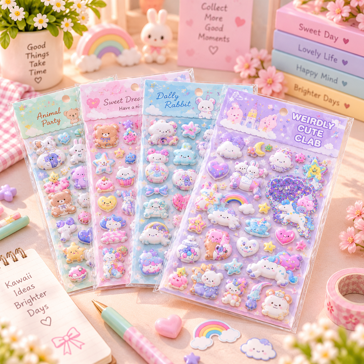 Kawaii Unicorn 3D Puffy Sticker Sheet variety pack scene