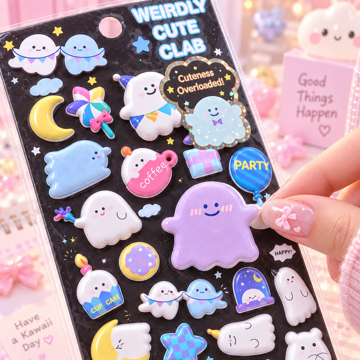 Kawaii Ghost 3D Puffy Sticker Sheet close-up