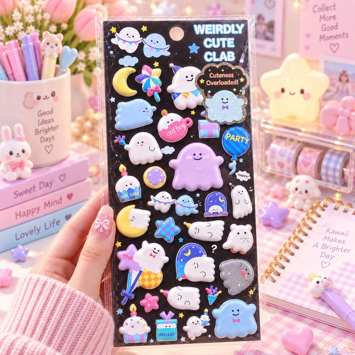 Kawaii Ghost 3D Puffy Sticker Sheet desk scene