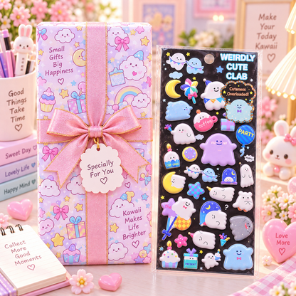 Kawaii Ghost 3D Puffy Sticker Sheet gift box packaging scene