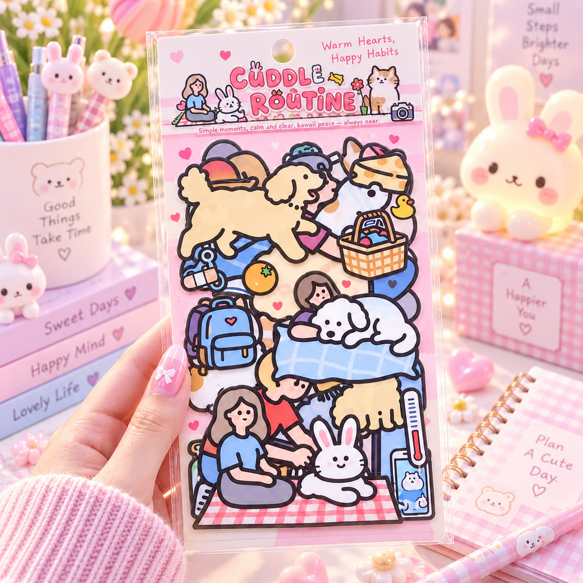 Kawaii Cuddle Routine Sticker Sheet desk scene