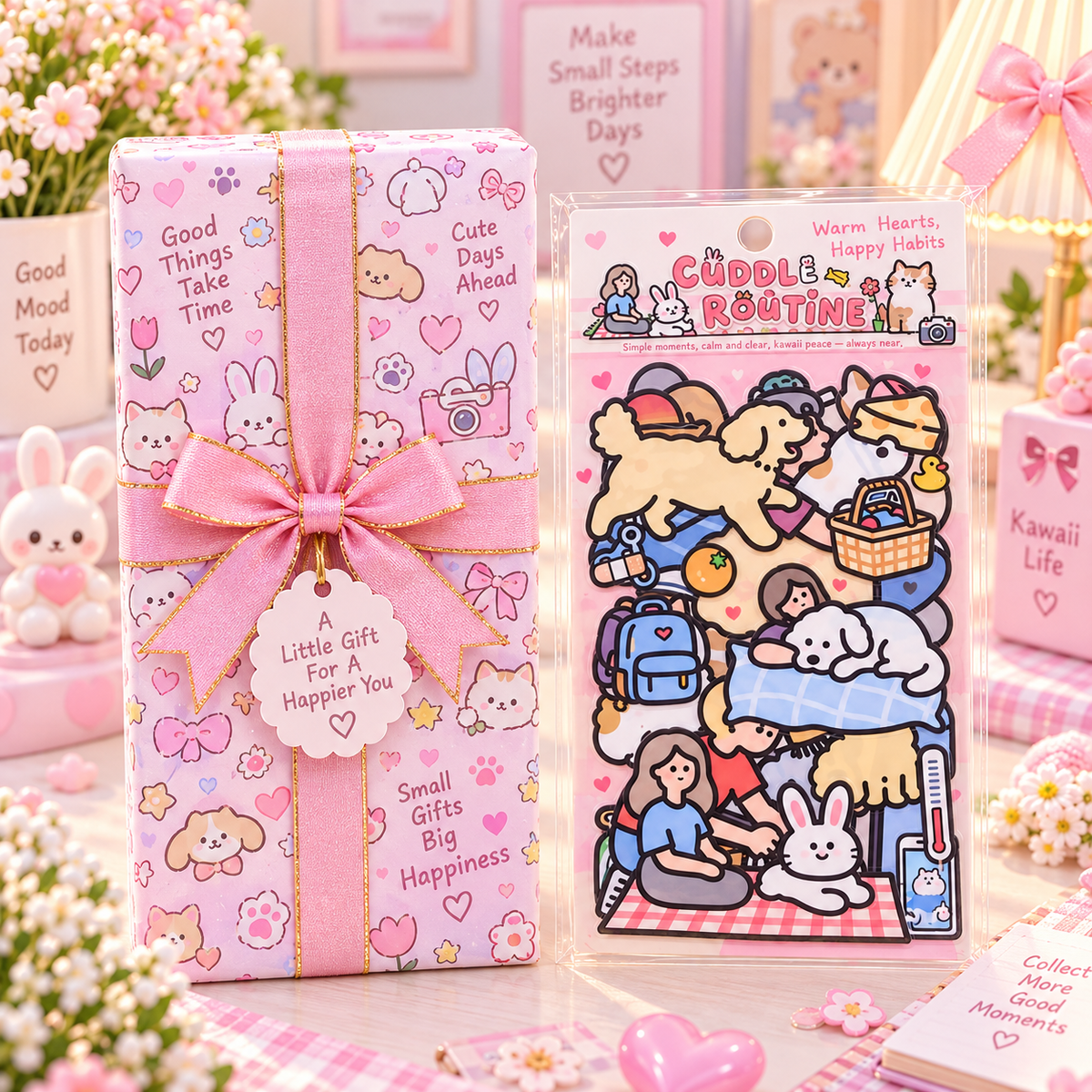 Kawaii Cuddle Routine Sticker Sheet gift box packaging scene
