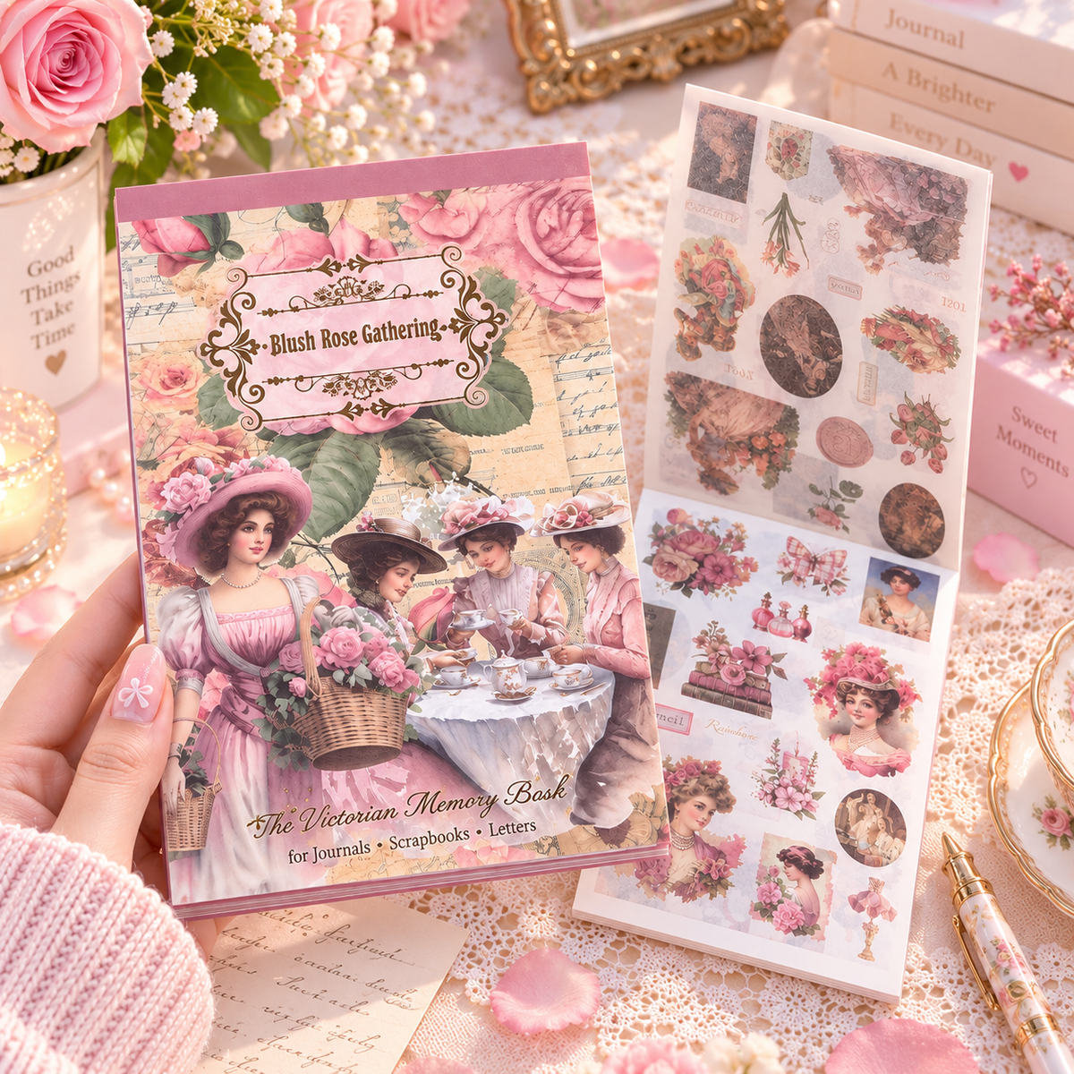 Blush Rose Gathering Vintage Sticker Book held view