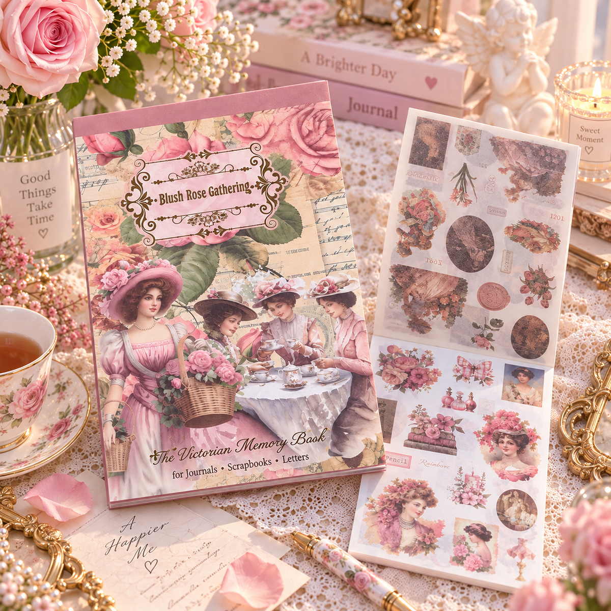 Blush Rose Gathering Vintage Sticker Book desk scene