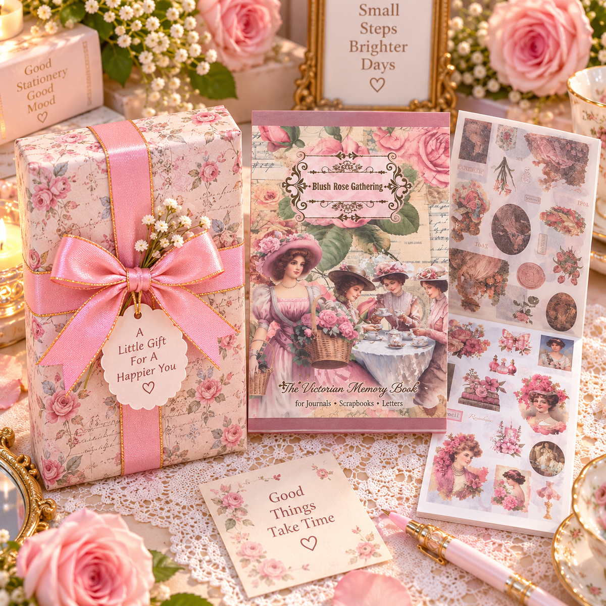 Blush Rose Gathering Vintage Sticker Book gift box packaging scene