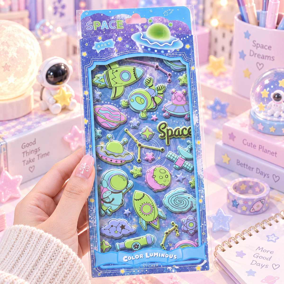 Kawaii Space Glow in the Dark 3D Puffy Sticker Sheet lifestyle scene