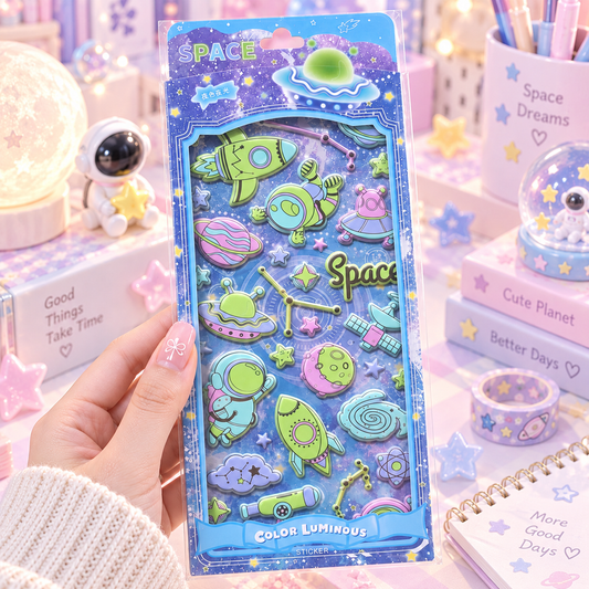 Kawaii Space Glow in the Dark 3D Puffy Sticker Sheet lifestyle scene