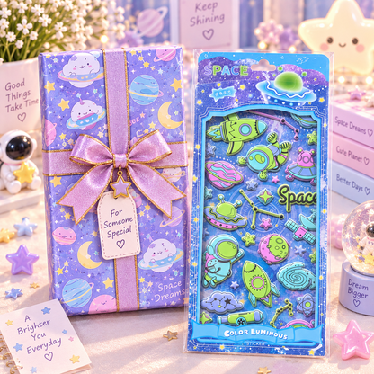 Kawaii Space Glow in the Dark 3D Puffy Sticker Sheet gift box packaging scene