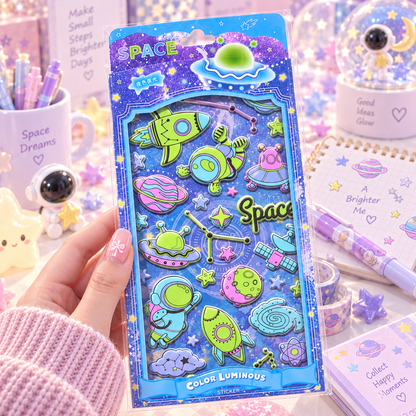 Kawaii Space Glow in the Dark 3D Puffy Sticker Sheet desk scene