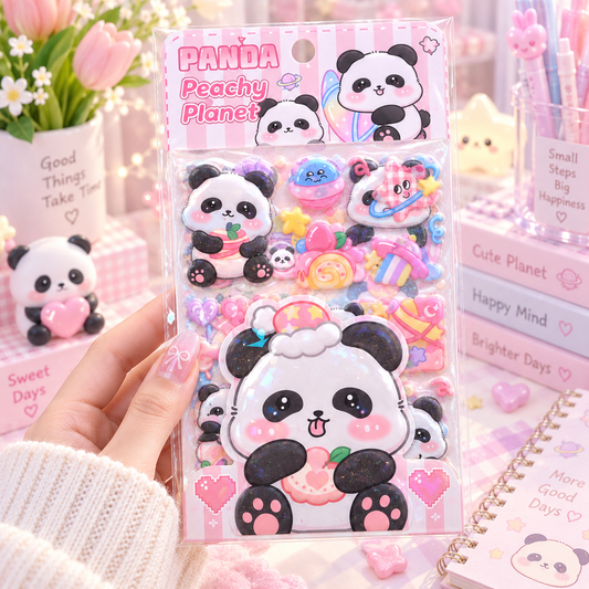 Kawaii Panda Peachy Planet 3D Puffy Sticker Sheet lifestyle scene