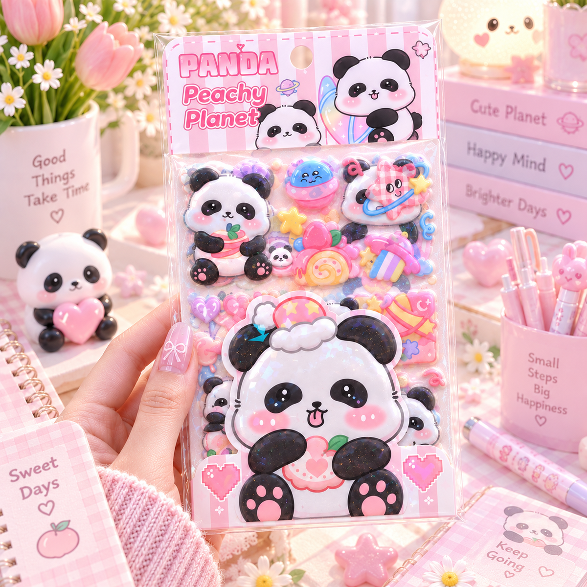 Kawaii Panda Peachy Planet 3D Puffy Sticker Sheet desk scene