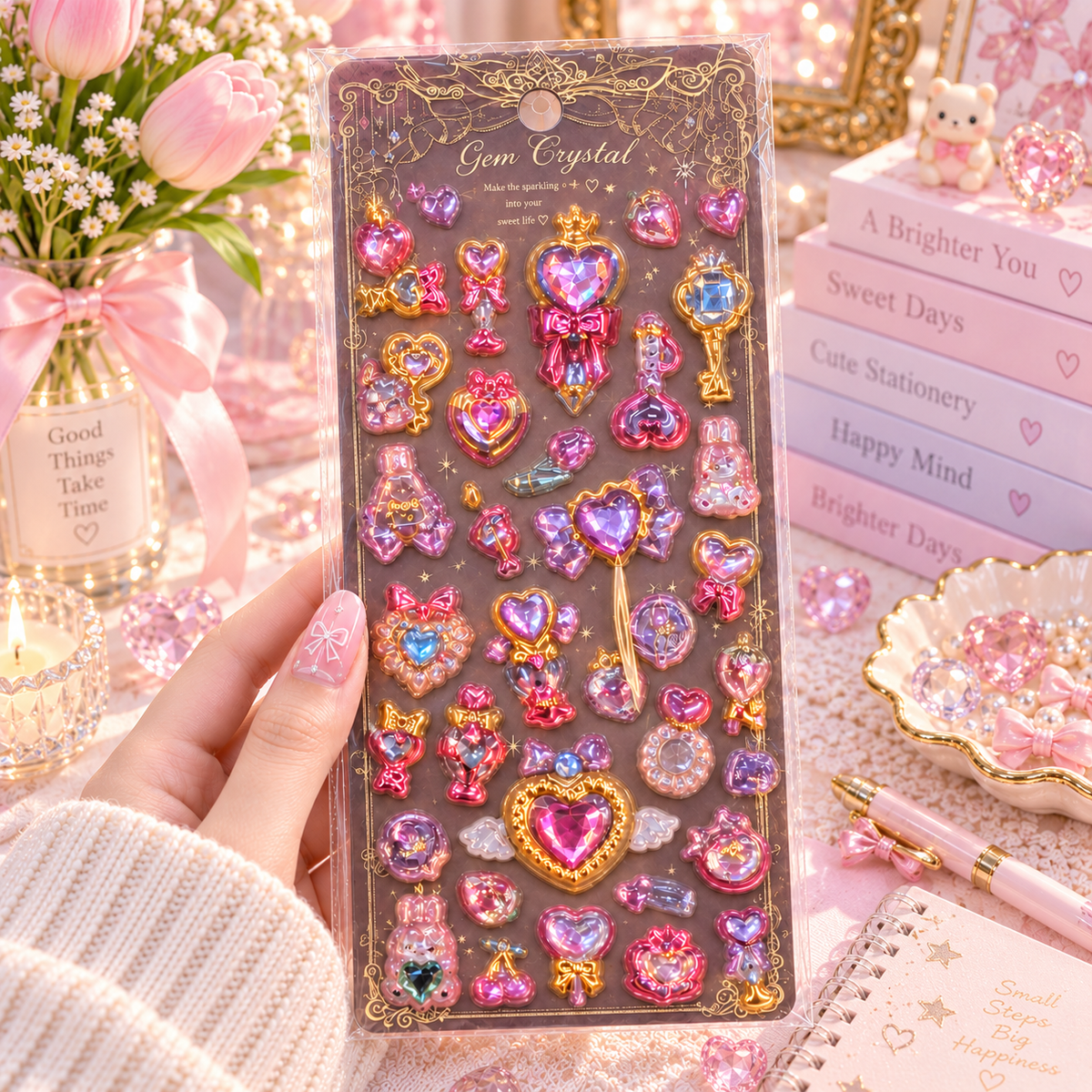 Kawaii Gem Crystal 3D Puffy Sticker Sheet desk scene
