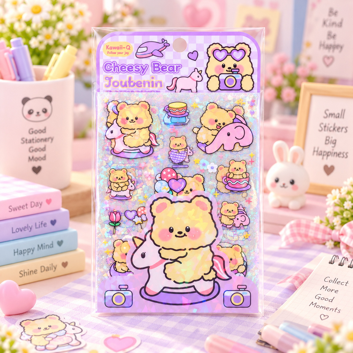 Kawaii Cheesy Bear Holographic Sticker Sheet lifestyle scene