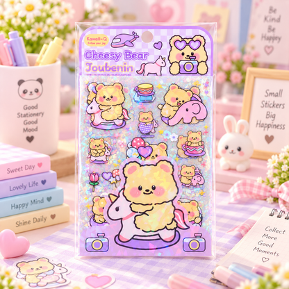 Kawaii Cheesy Bear Holographic Sticker Sheet lifestyle scene