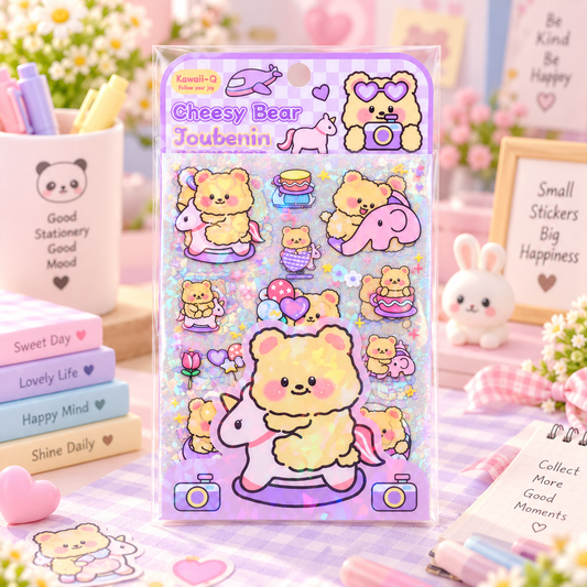 Kawaii Cheesy Bear Holographic Sticker Sheet lifestyle scene
