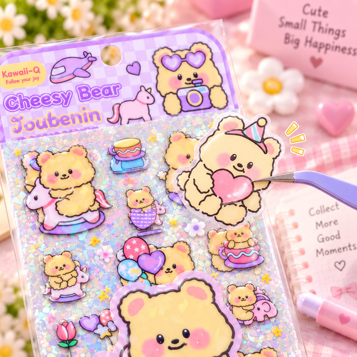 Kawaii Cheesy Bear Holographic Sticker Sheet close-up