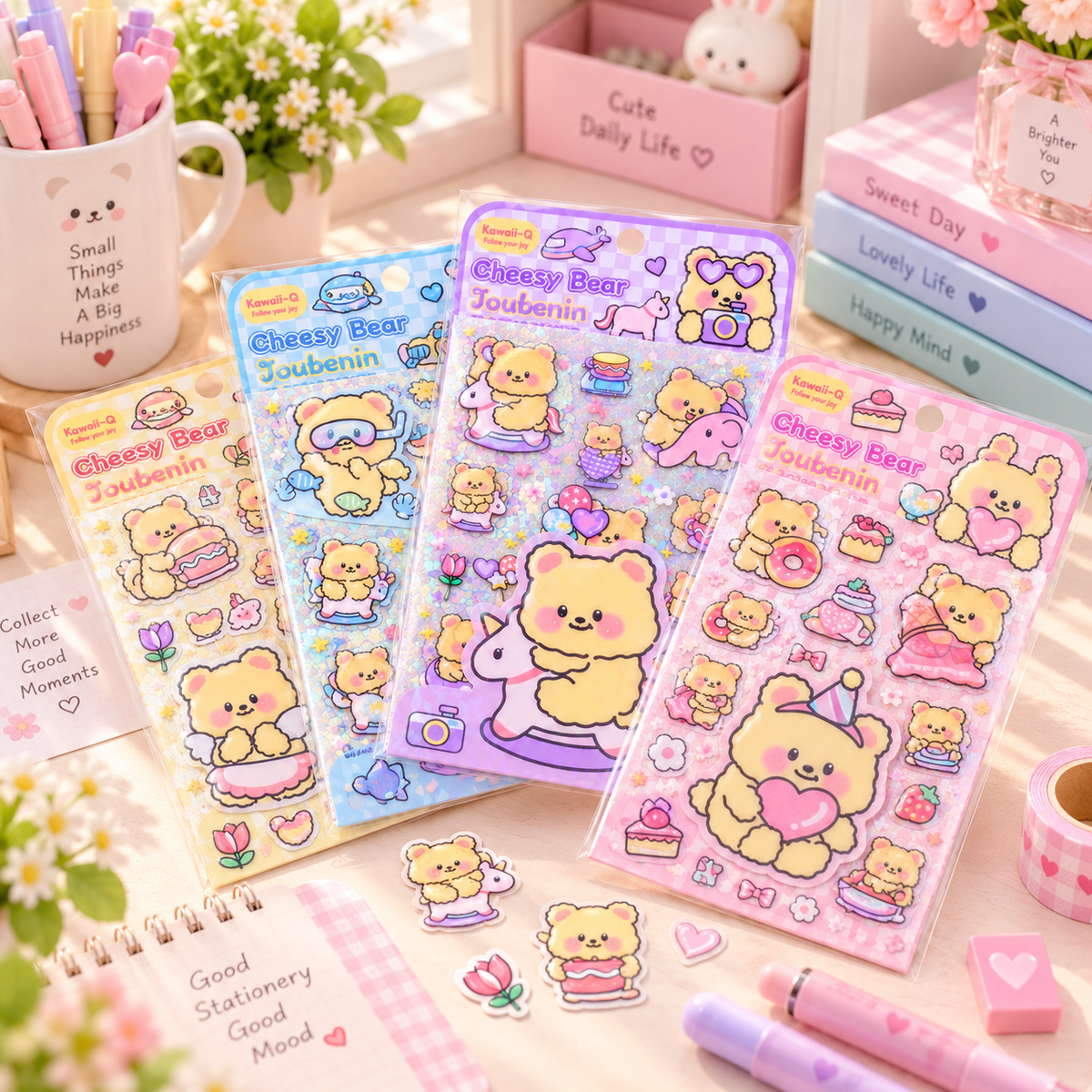 Kawaii Cheesy Bear Holographic Sticker Sheet variety pack scene