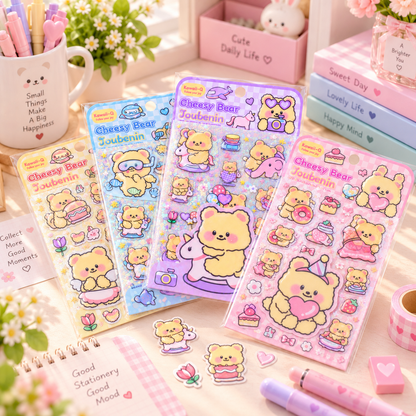 Kawaii Cheesy Bear Holographic Sticker Sheet variety pack scene