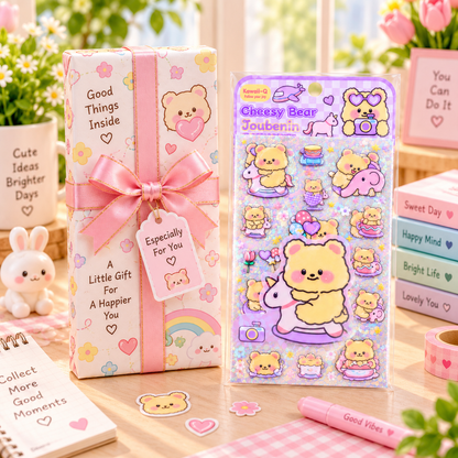 Kawaii Cheesy Bear Holographic Sticker Sheet gift box packaging scene