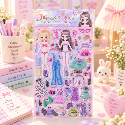 Kawaii Dress Up Doll Sticker Sheet back design full view