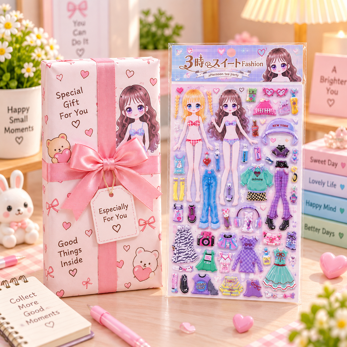 Kawaii Dress Up Doll Sticker Sheet gift box packaging scene
