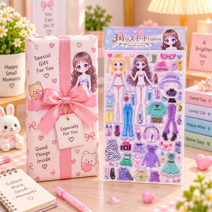 Kawaii Dress Up Doll Sticker Sheet gift box packaging scene