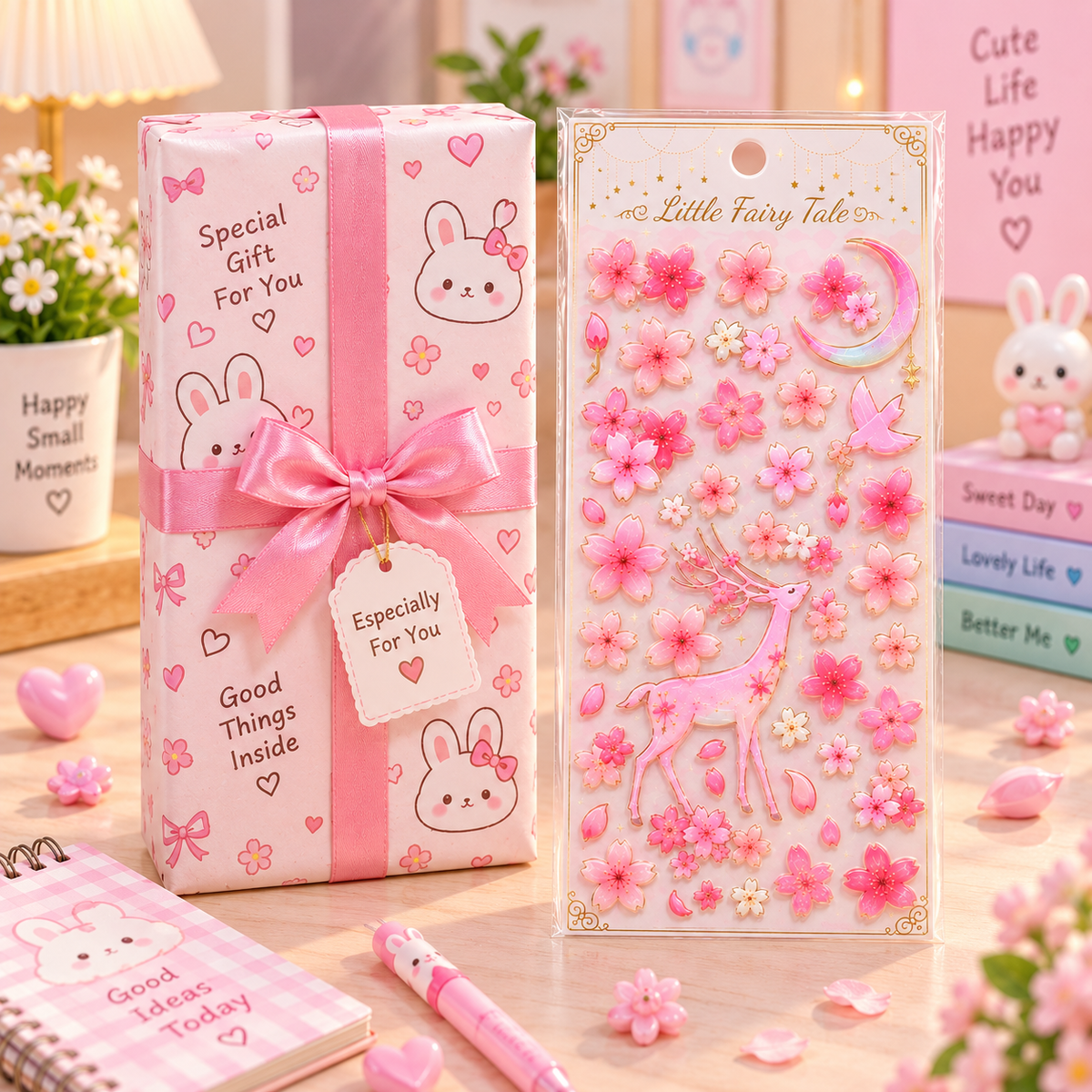 Kawaii Sakura Cherry Blossom Sticker Sheet gift box packaging scene