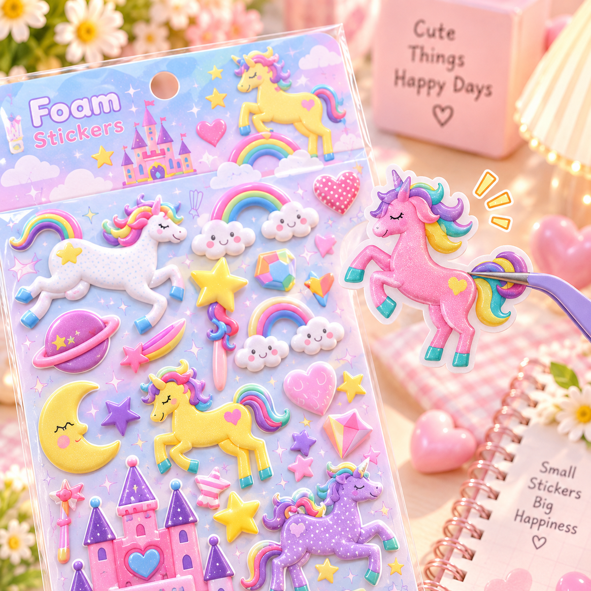 Kawaii Unicorn Foam Sticker Sheet close-up