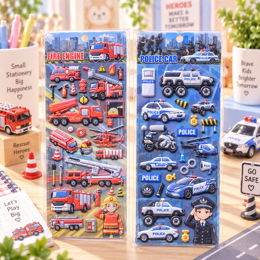 3D Puffy Police Car Sticker Sheet desk scene