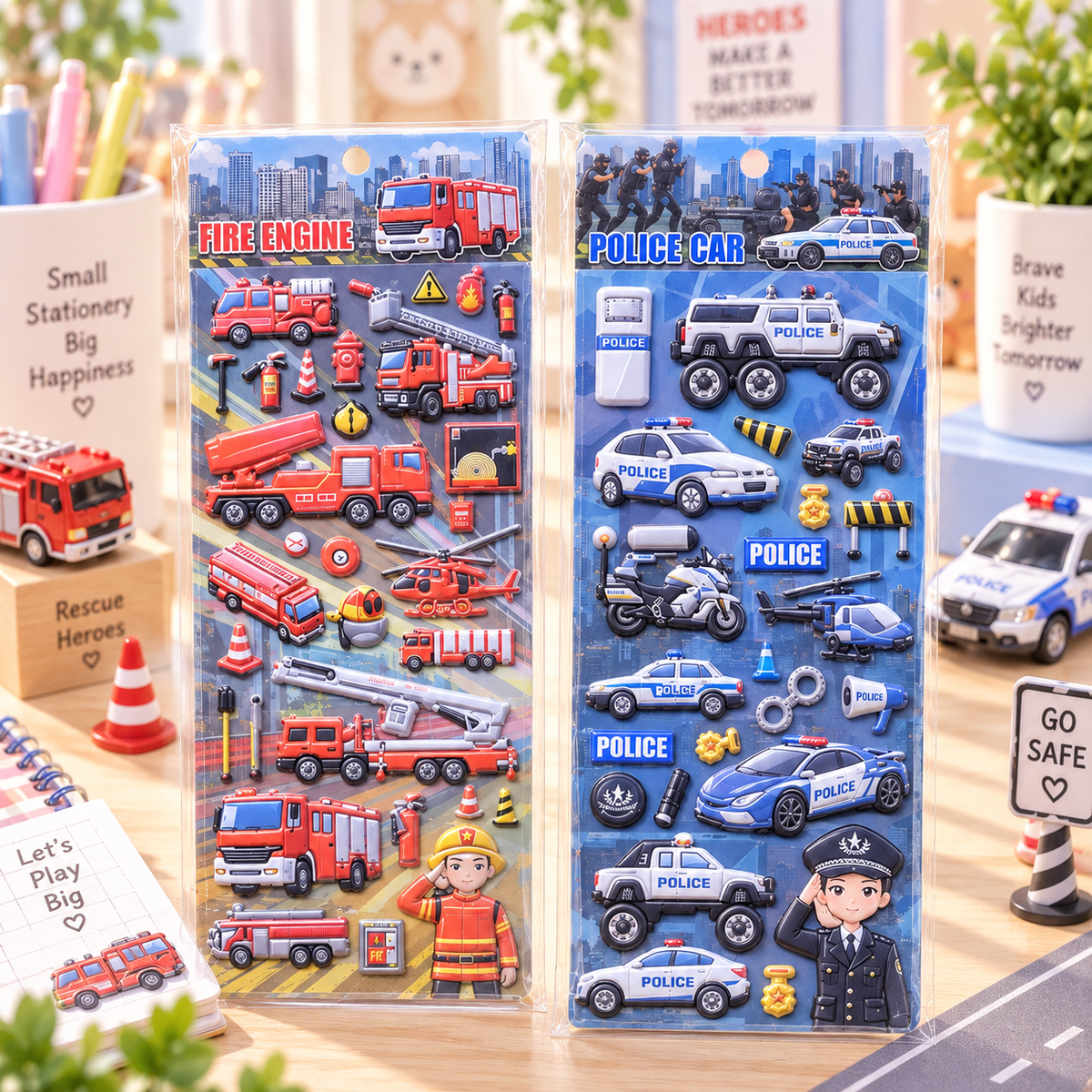 3D Puffy Police Car Sticker Sheet desk scene