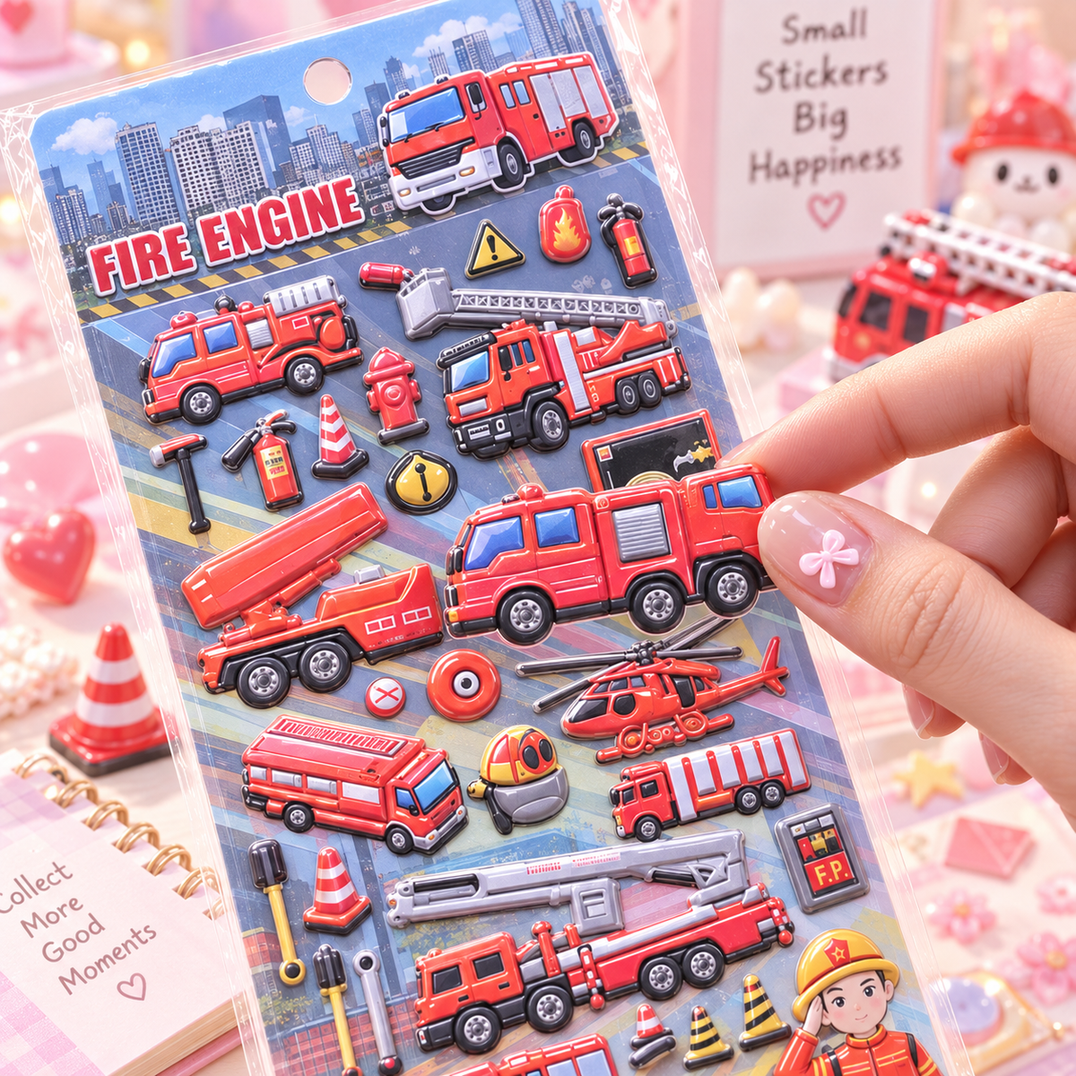3D Puffy Fire Engine Sticker Sheet close-up