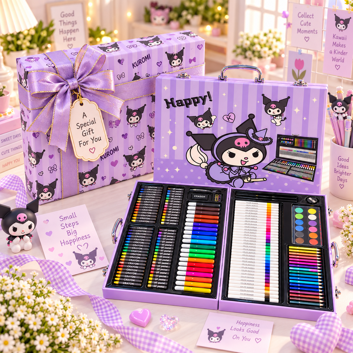 💜 Kuromi 180PCS Art & Craft Case for Kids – Cute Drawing & Colouring Kit