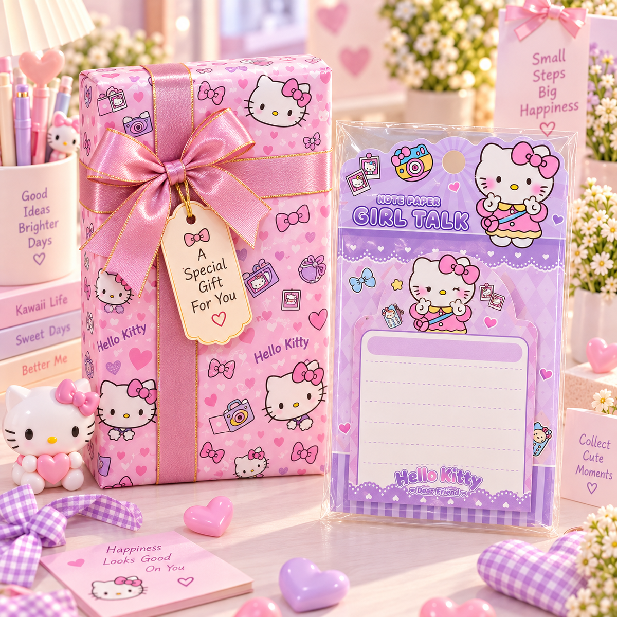🎀 Hello Kitty Girl Sticky Note Paper – Pack of 4 – Cute Kawaii Stationery