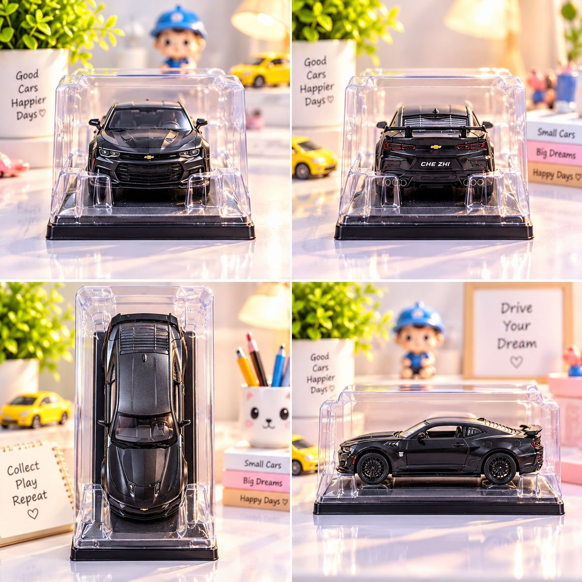 Black Chevrolet Camaro die-cast model car multi-angle detail view