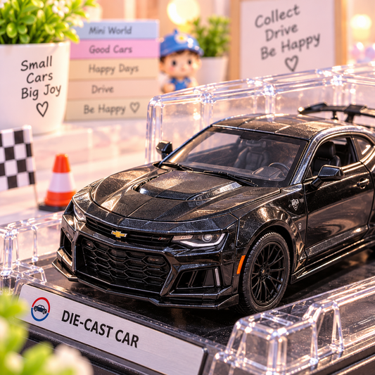 Close-up black Chevrolet Camaro die-cast model car in display case